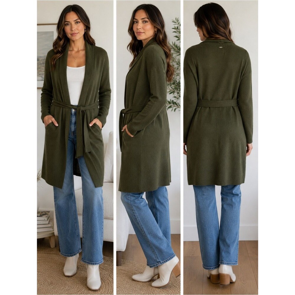 Guess Clarissa Cashmere Blend Long Cardigan XS Green Belted Side Pockets